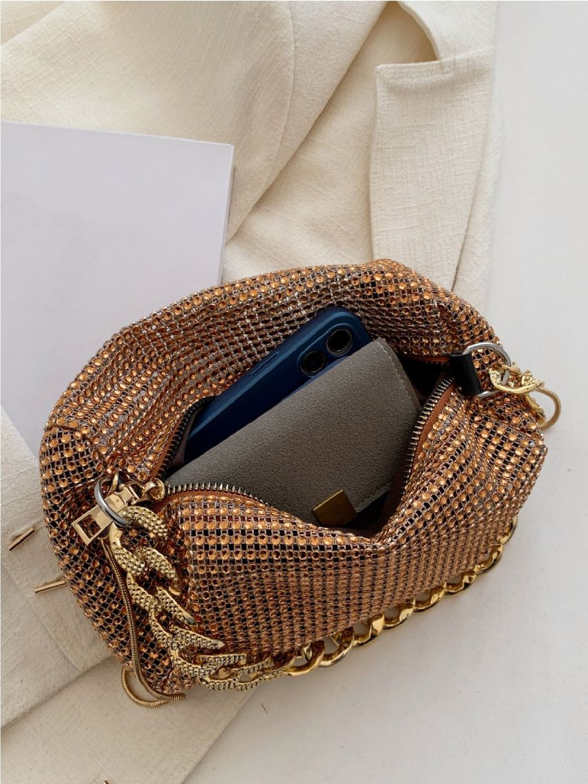 Mini Rhinestone Decor Chain Glitter Hobo Bag