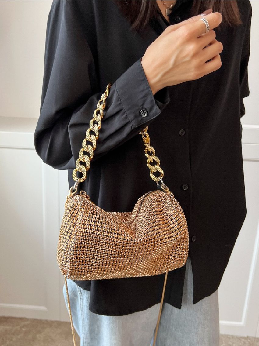 Mini Rhinestone Decor Chain Glitter Hobo Bag