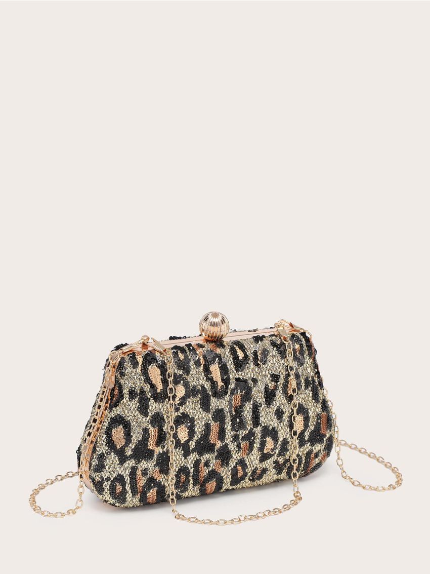 Leopard Pattern Sequin Decor Chain Box Bag