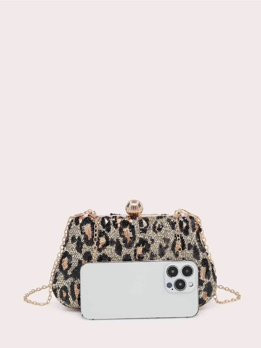 Leopard Pattern Sequin Decor Chain Box Bag