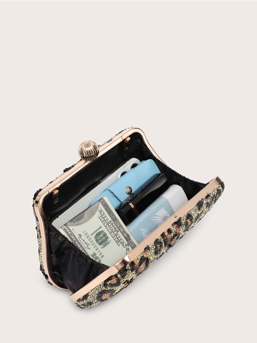 Leopard Pattern Sequin Decor Chain Box Bag