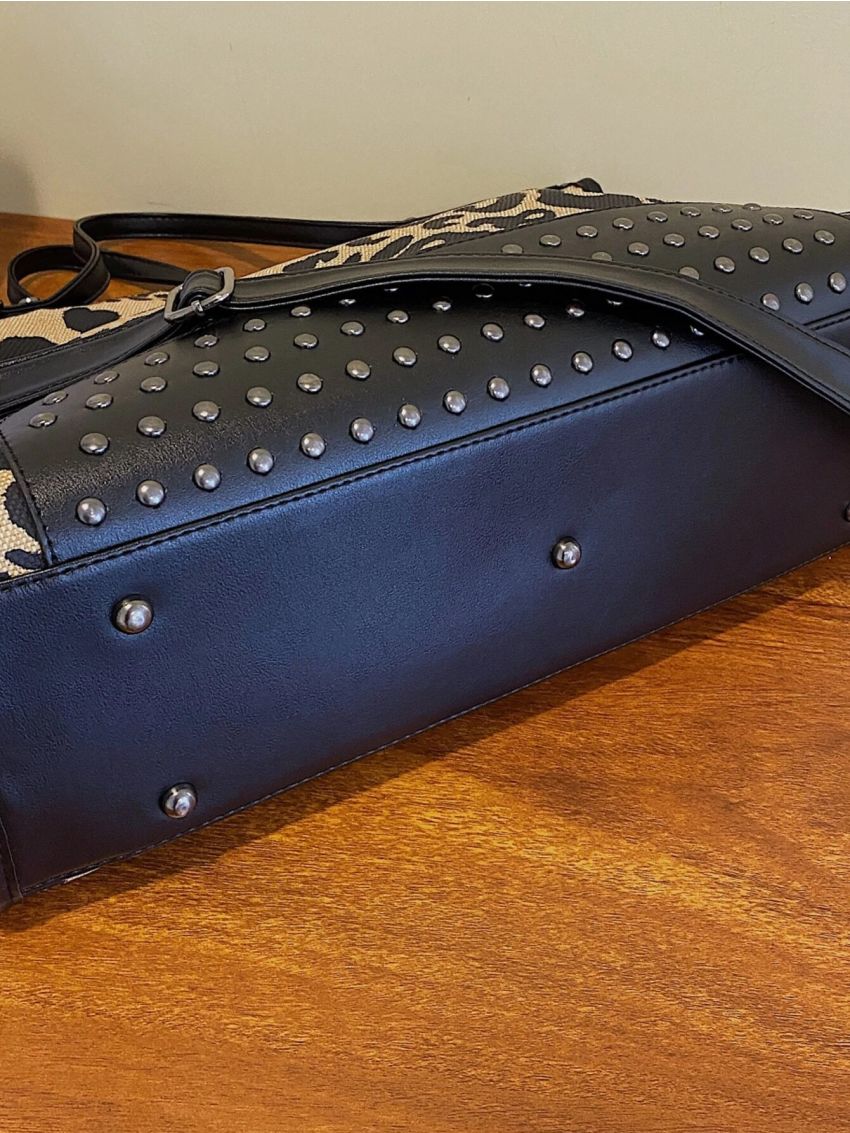 Leopard Pattern Studded Decor Top Handle Bag