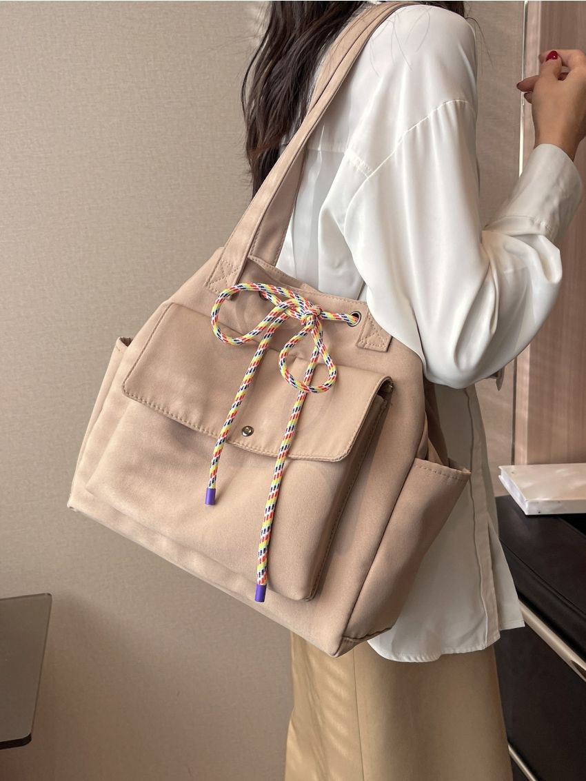 Drawstring Design Pocket Front Shopper Bag