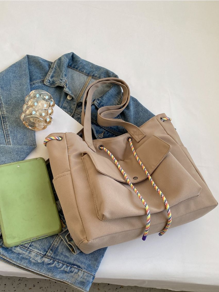 Drawstring Design Pocket Front Shopper Bag