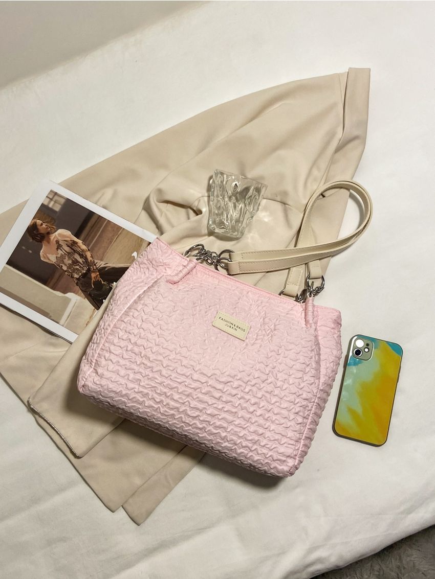 Letter Patch Decor Chain Shoulder Tote Bag