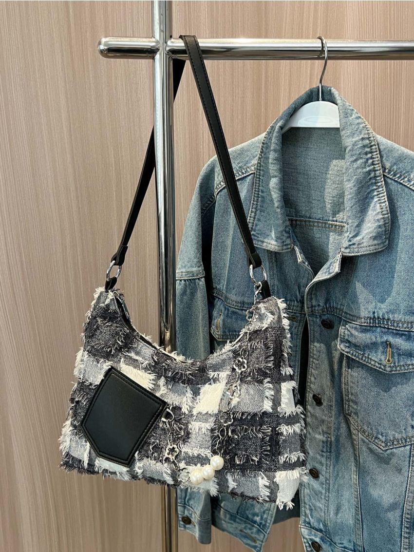 Plaid Pattern Chain Decor Raw Trim Hobo Bag