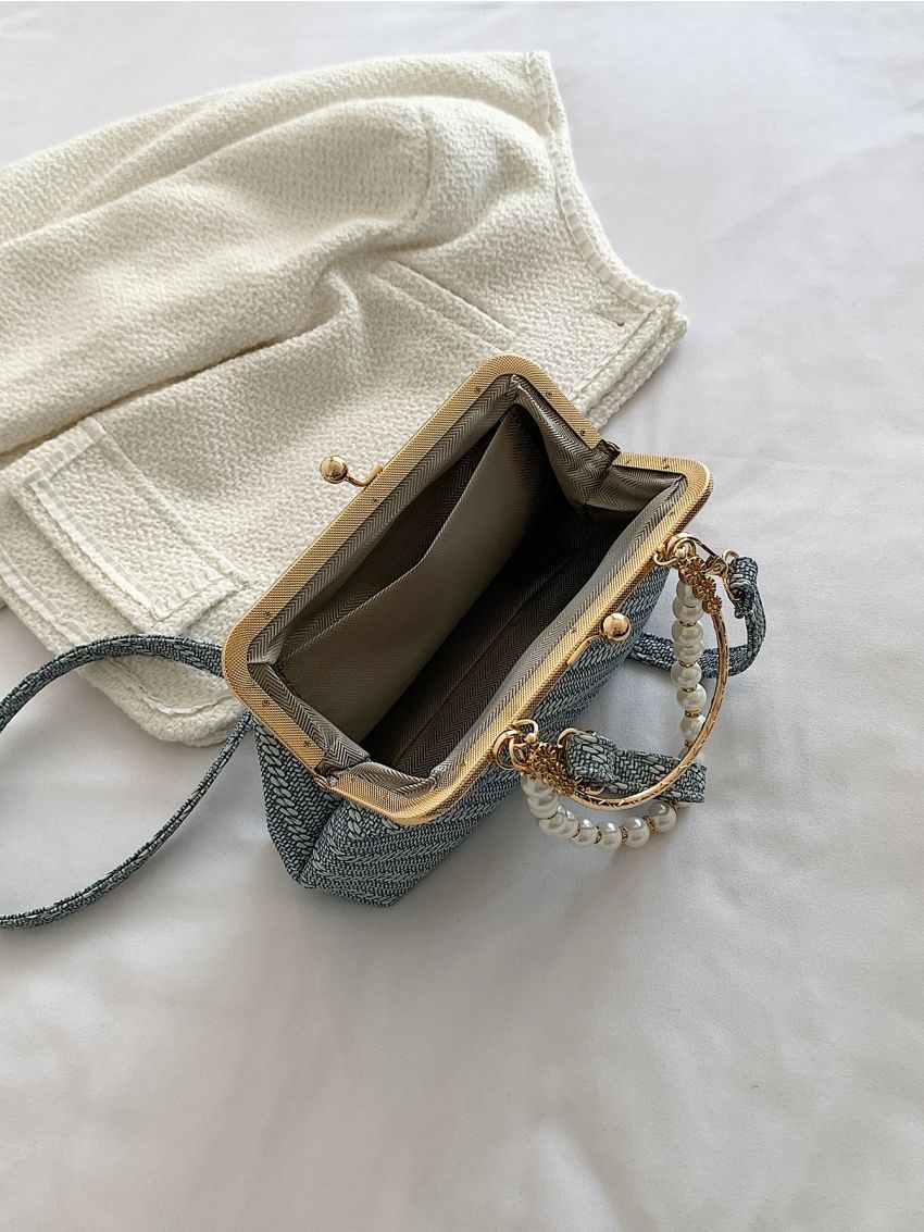 Faux Pearl Decor Kiss Lock Satchel Bag