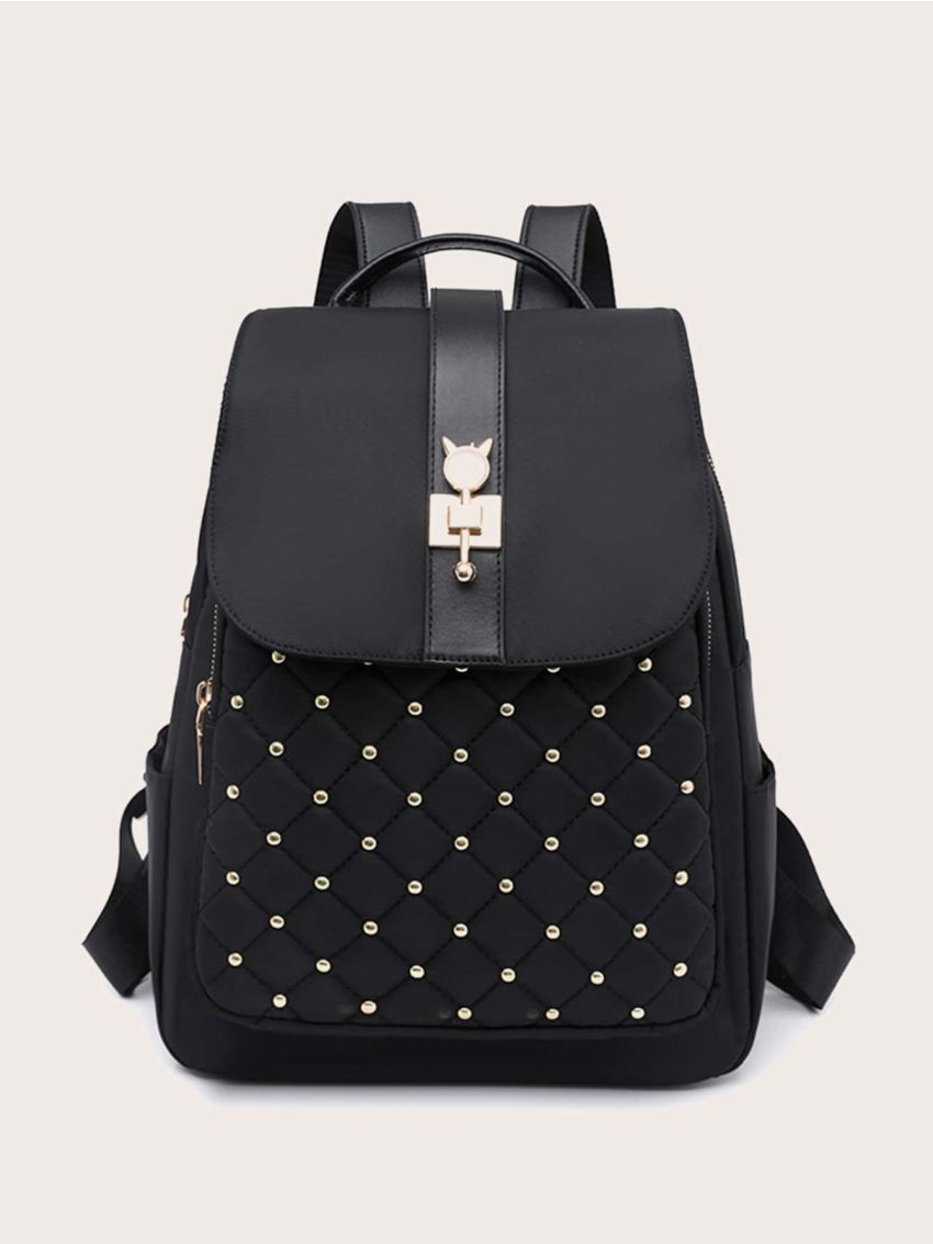 Quilted Studded Decor Flap Backpack