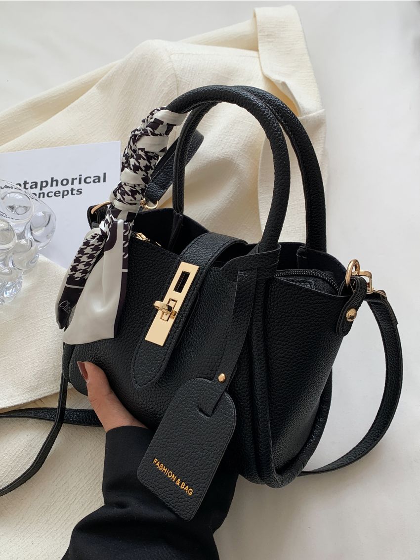 Mini Litchi Embossed Twilly Scarf Decor Bucket Bag With Coin Purse