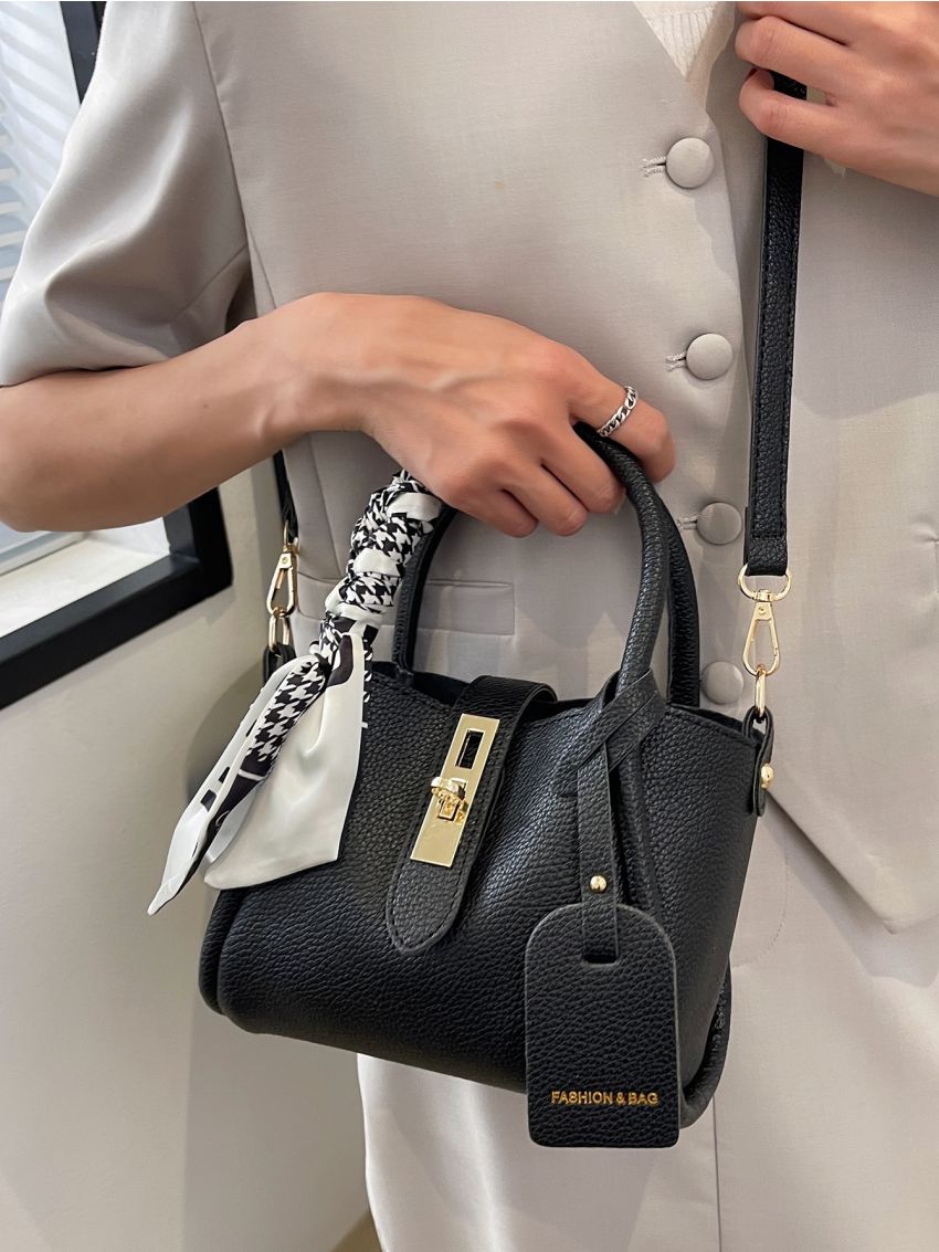 Mini Litchi Embossed Twilly Scarf Decor Bucket Bag With Coin Purse