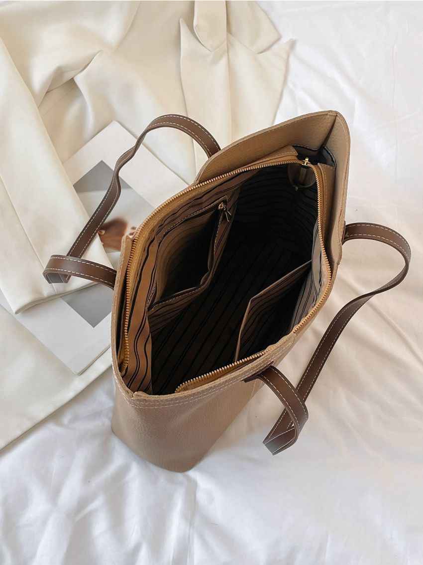 Litchi Embossed Shoulder Tote Bag With Inner Pouch