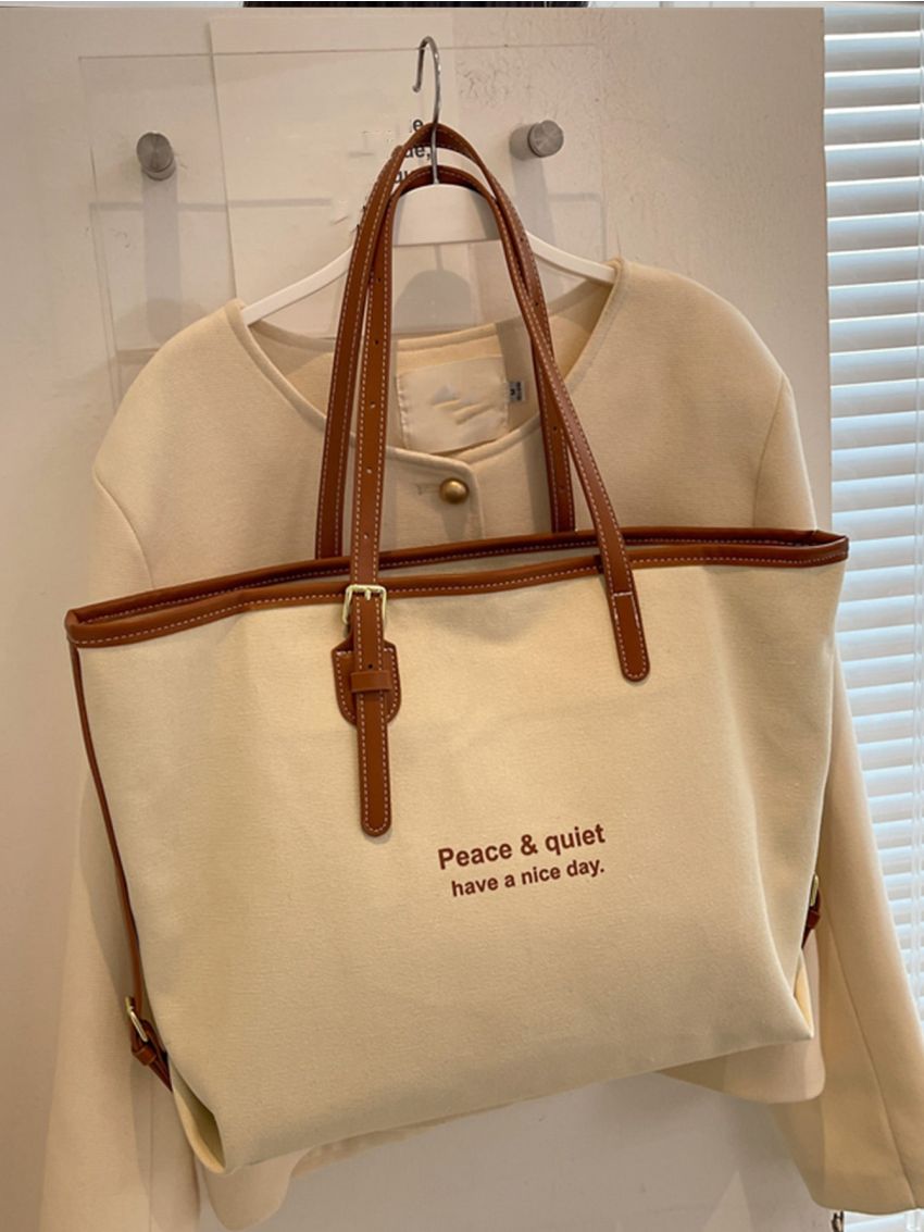 Letter Graphic Contrast Binding Shoulder Tote Bag