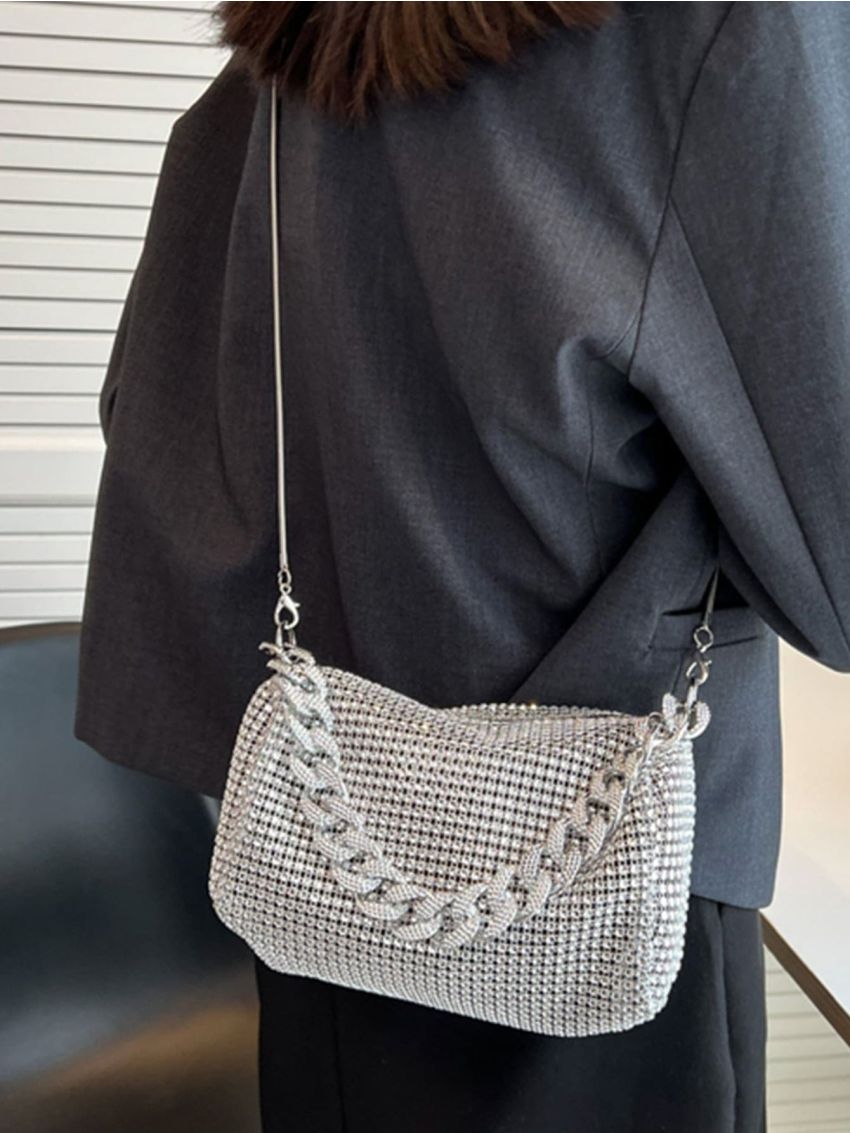 Mini Rhinestone Decor Chain Hobo Bag