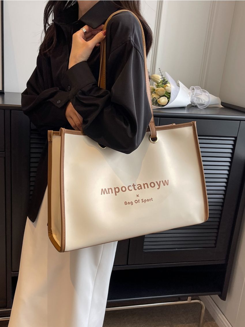 Letter Graphic Contrast Binding Shoulder Tote Bag