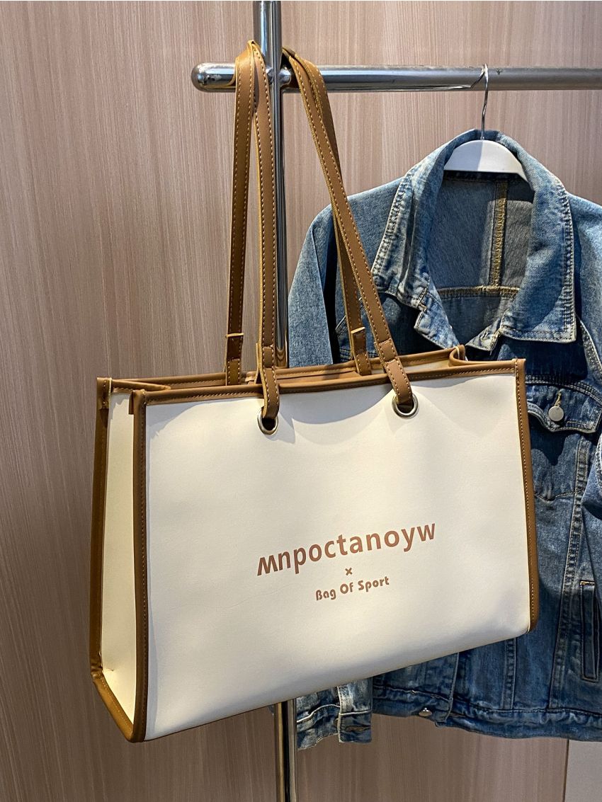 Letter Graphic Contrast Binding Shoulder Tote Bag