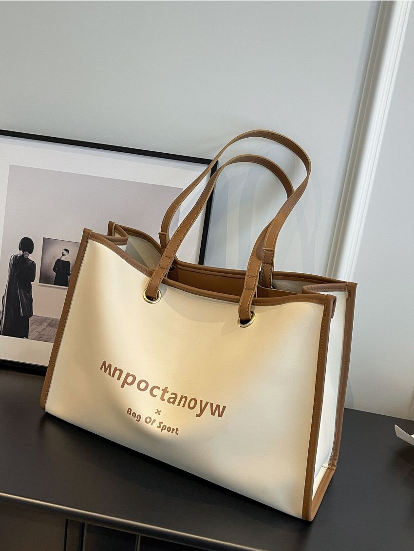 Letter Graphic Contrast Binding Shoulder Tote Bag