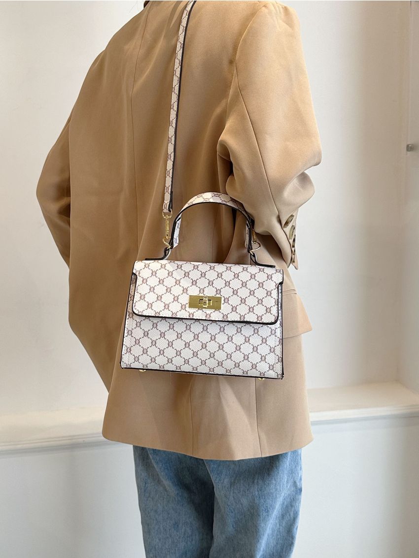 Geometric Graphic Twist Lock Satchel Bag