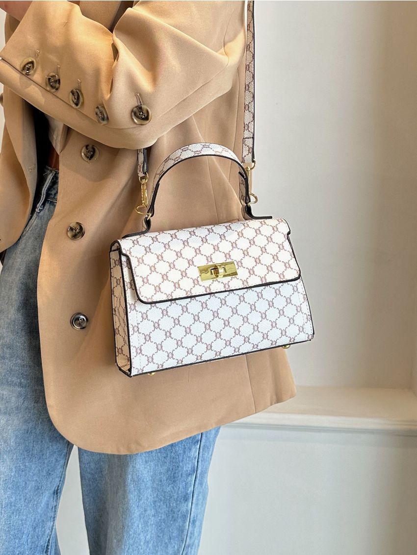 Geometric Graphic Twist Lock Satchel Bag