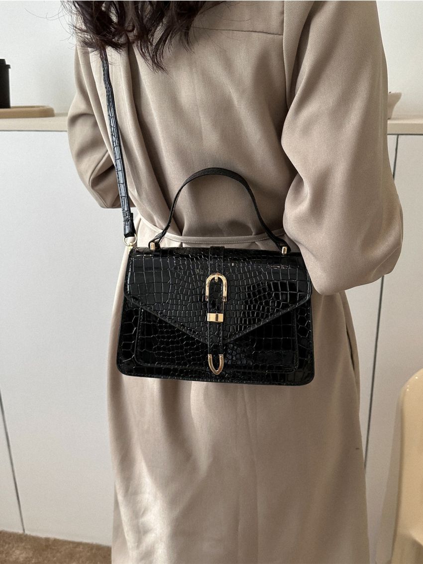 Crocodile Embossed Buckle Decor Flap Square Bag