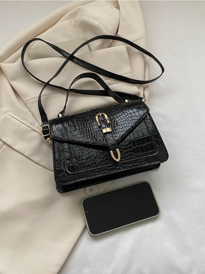 Crocodile Embossed Buckle Decor Flap Square Bag