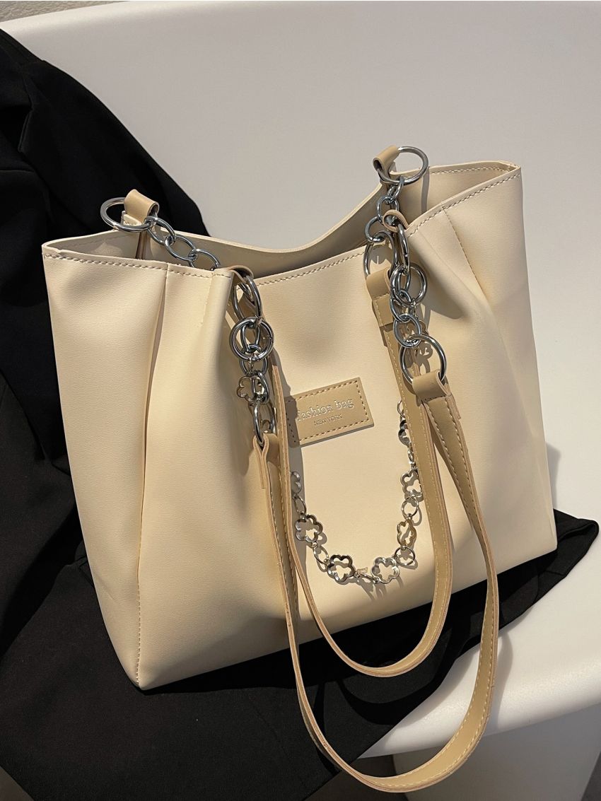 Letter Patch & Chain Decor Shoulder Tote Bag