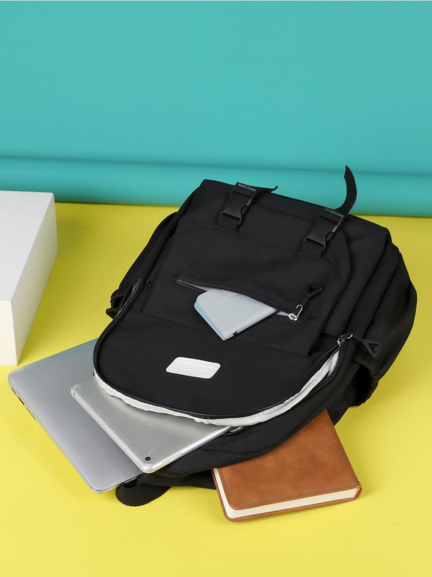 Letter Patch Laptop Backpack Black Release Buckle Decor For School Camping Bag