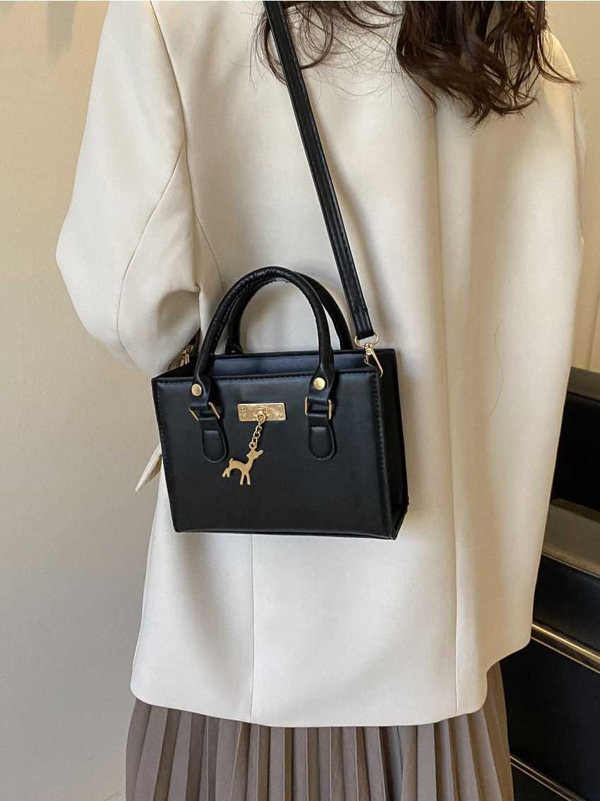 Mini Square Bag Deer Charm PU Double Handle For Daily Life