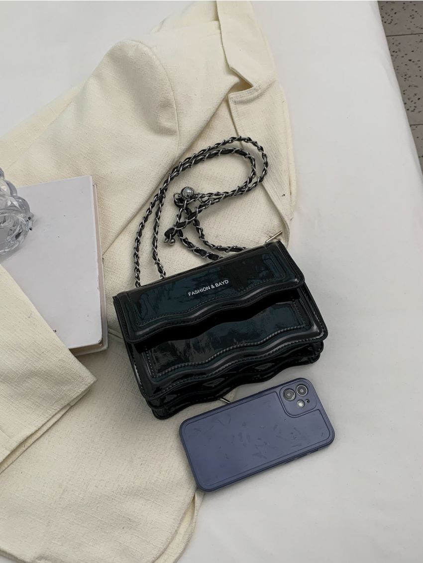 Mini Letter Graphic Scallop Trim Flap Chain Square Bag