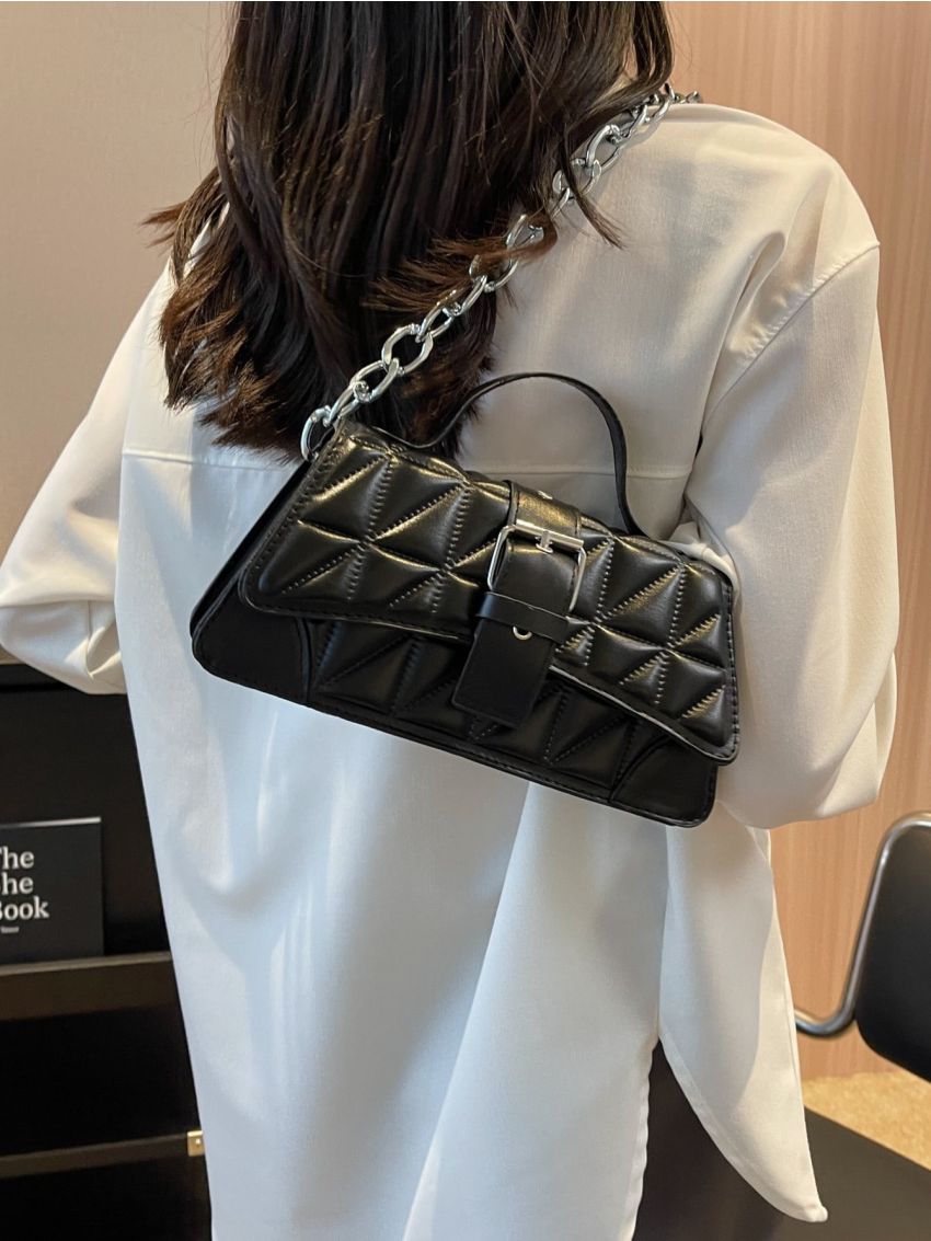 Quilted Buckle Decor Flap Baguette Bag