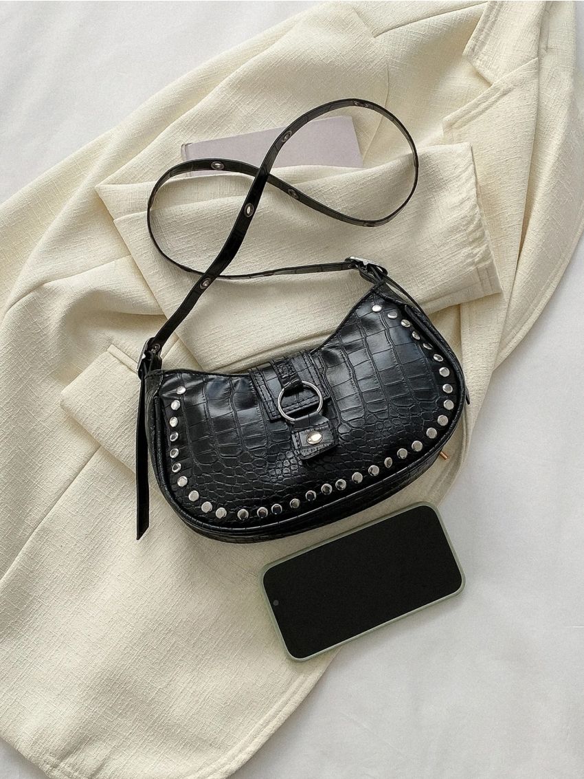 Crocodile Embossed Studded Decor Hobo Bag