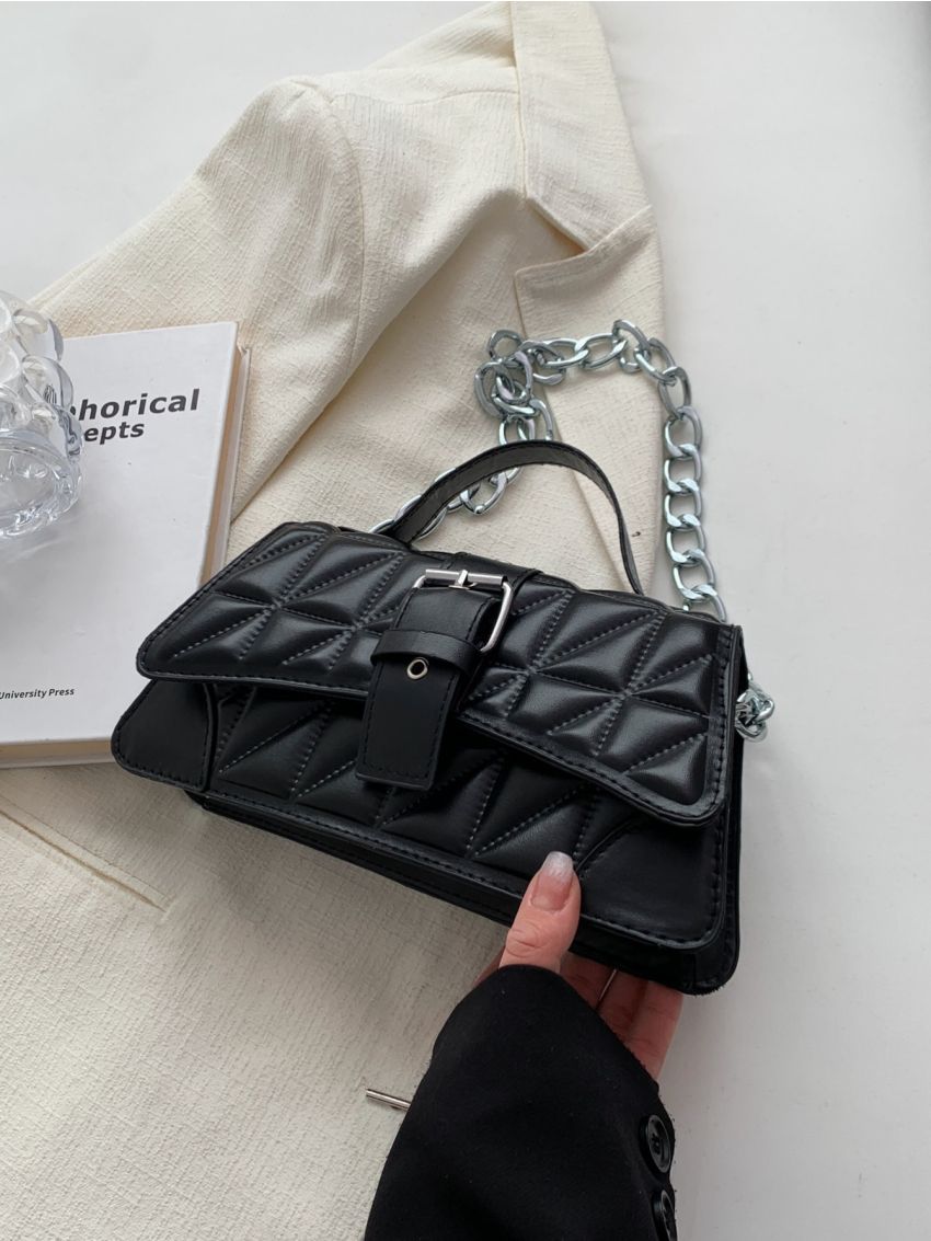 Quilted Buckle Decor Flap Baguette Bag