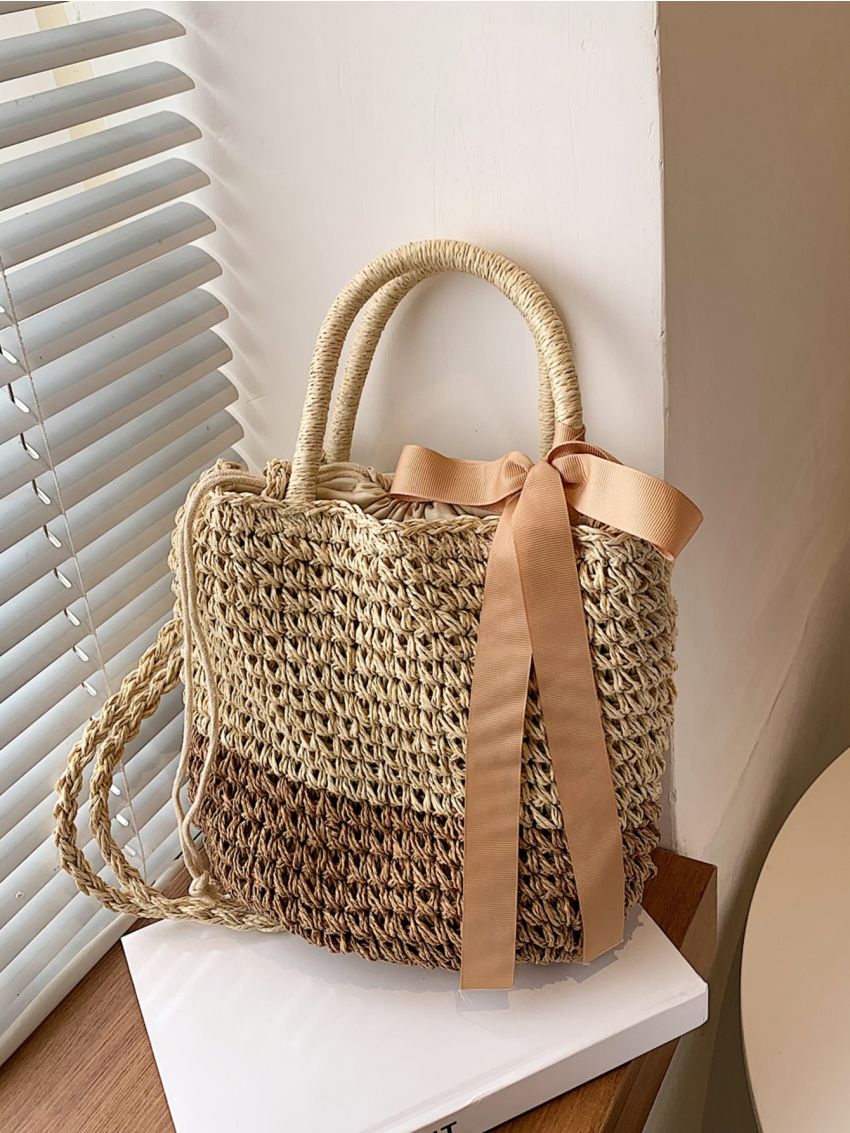 Two Tone Drawstring Design Straw Bag