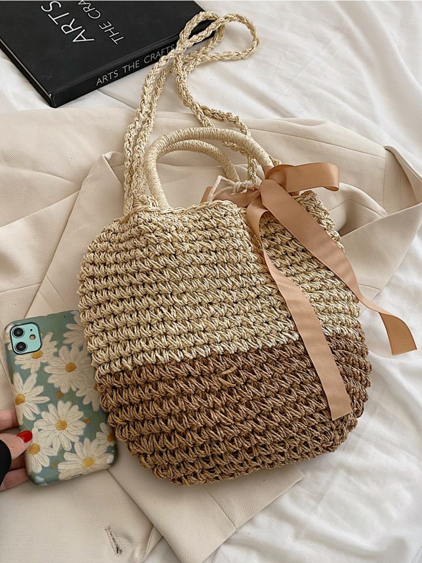 Two Tone Drawstring Design Straw Bag