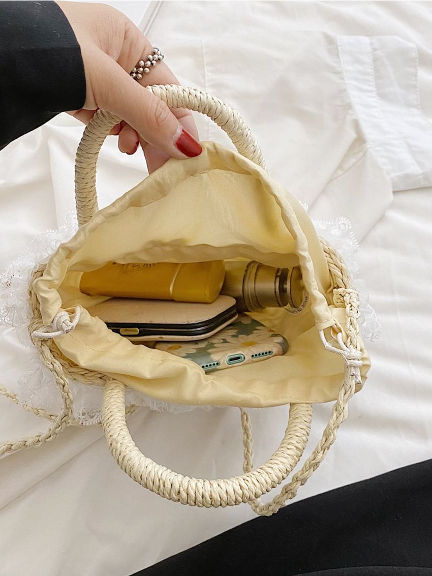 Mini Lace Decor Drawstring Design Straw Bag