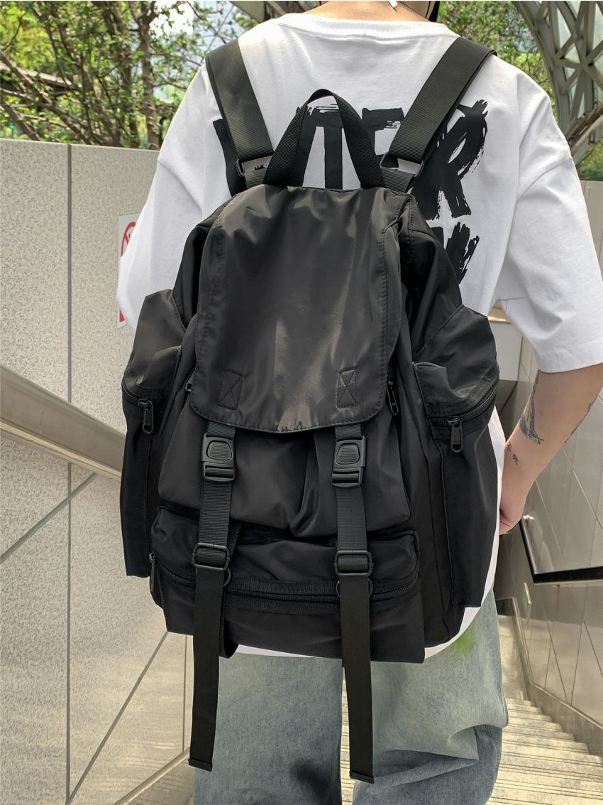 Men Release Buckle Decor Flap Backpack