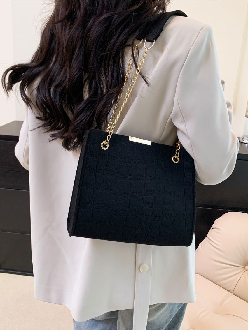 Crocodile Embossed Chain Square Bag