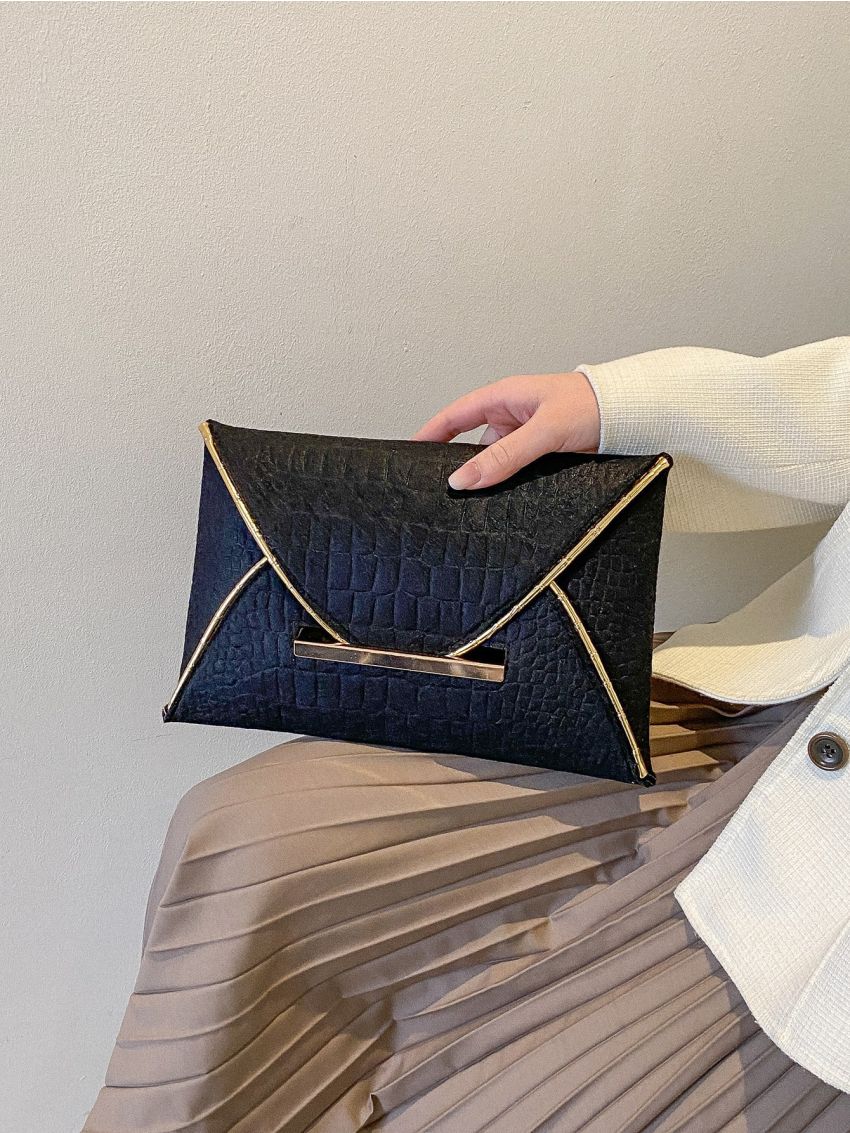 Crocodile Embossed Metal Decor Flap Square Bag