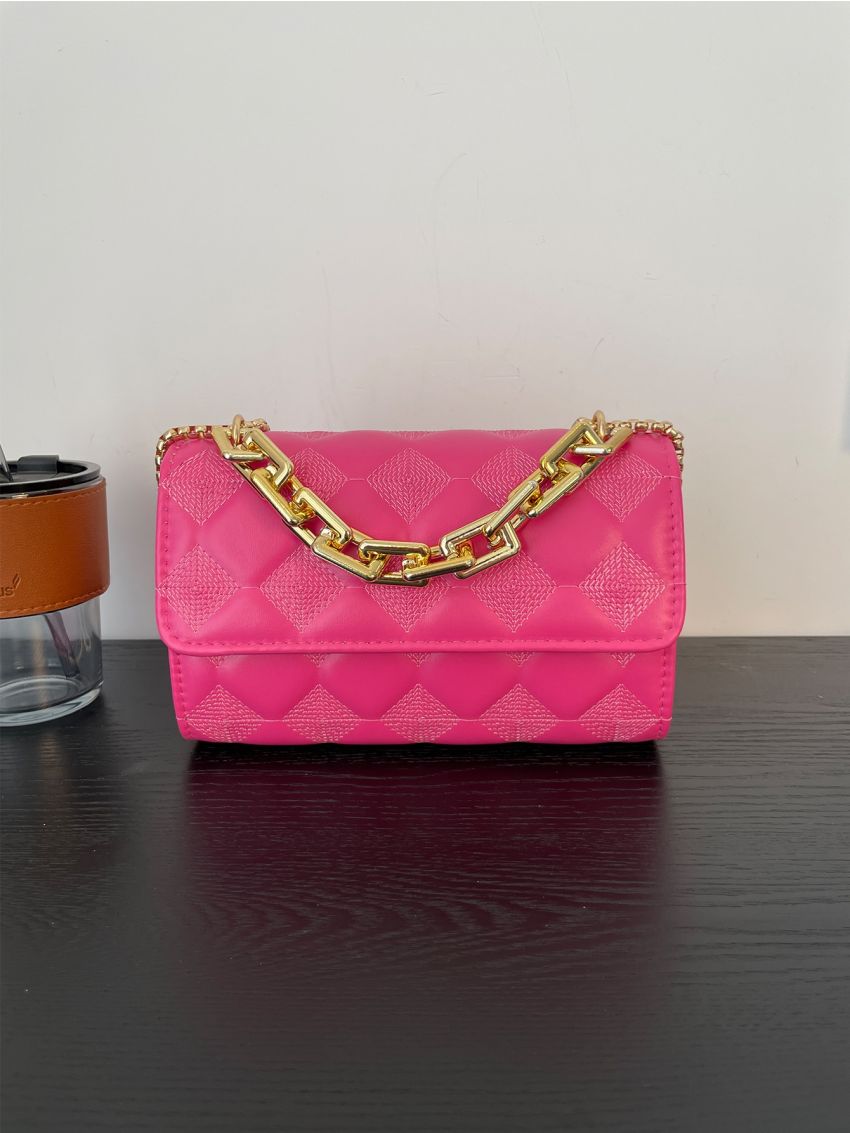 Neon Pink Quilted Flap Chain Square Bag