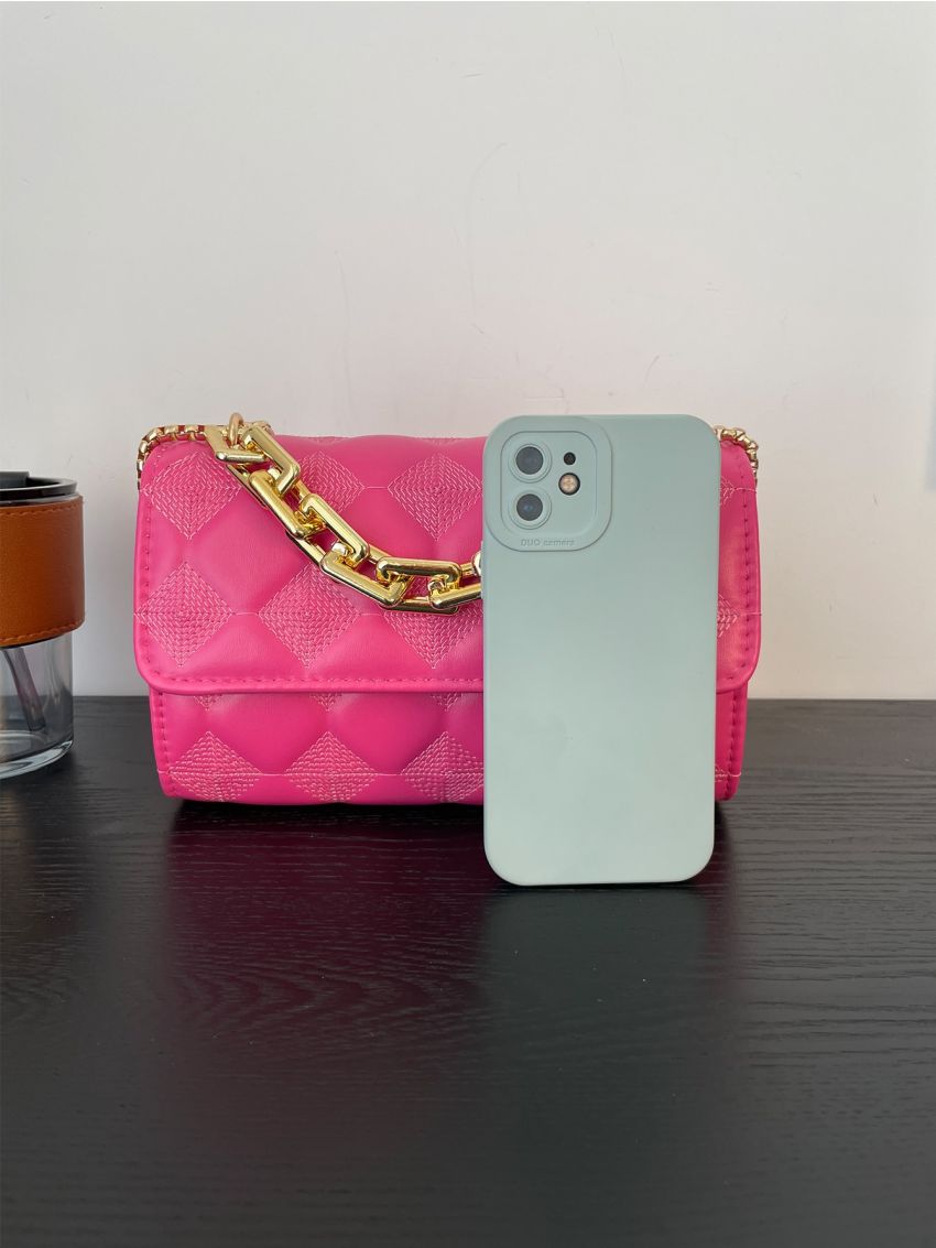 Neon Pink Quilted Flap Chain Square Bag