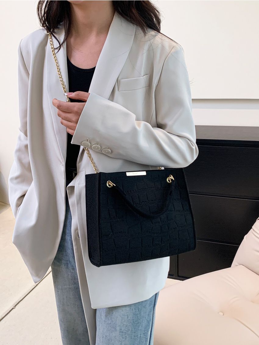 Crocodile Embossed Chain Square Bag