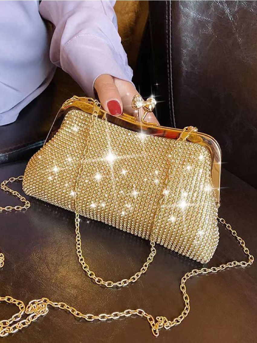 Mini Rhinestone Decor Kiss Lock Chain Evening Bag