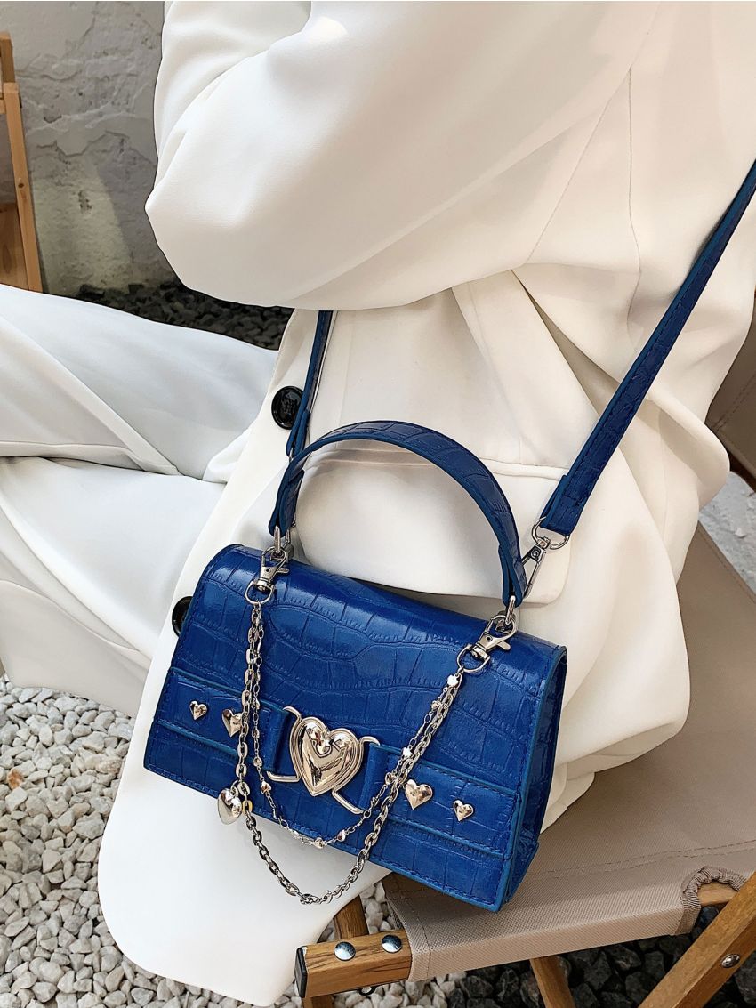 Mini Crocodile Embossed Metal Heart Decor Square Bag