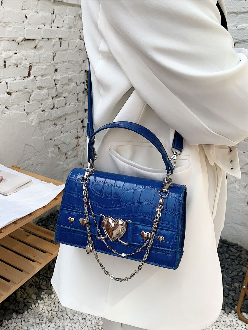 Mini Crocodile Embossed Metal Heart Decor Square Bag