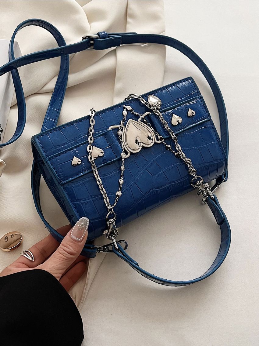 Mini Crocodile Embossed Metal Heart Decor Square Bag