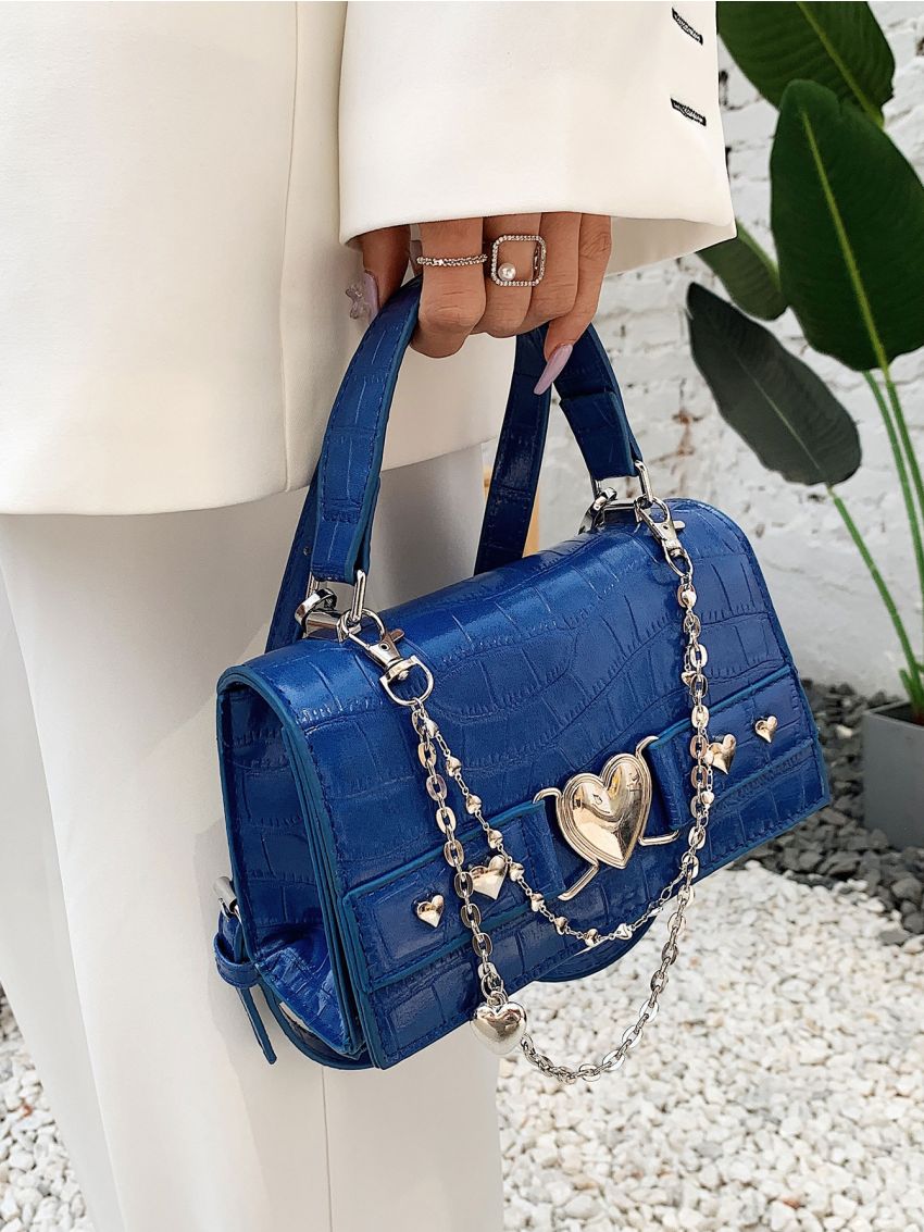 Mini Crocodile Embossed Metal Heart Decor Square Bag