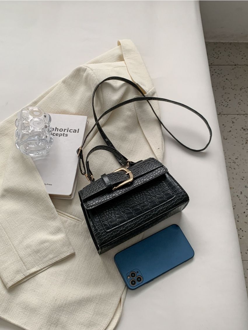 Crocodile Embossed Flap Square Bag