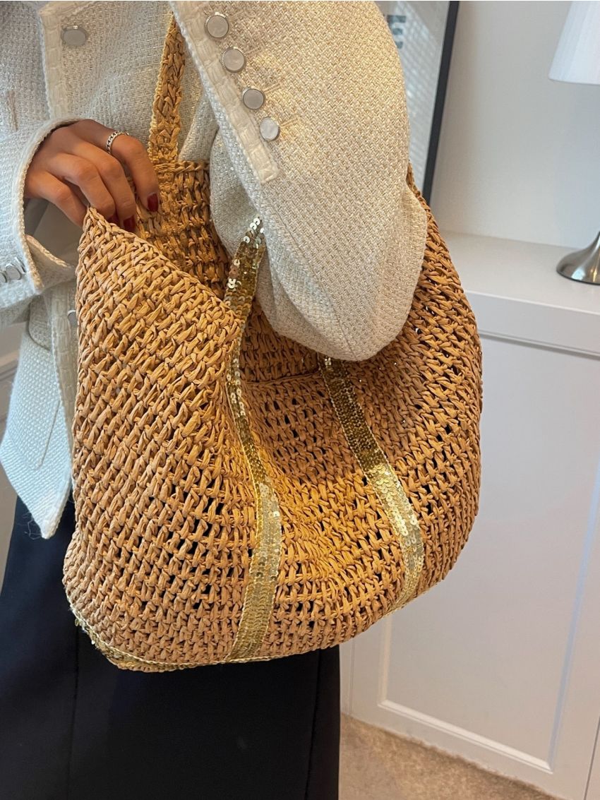 Sequin Decor Straw Bag