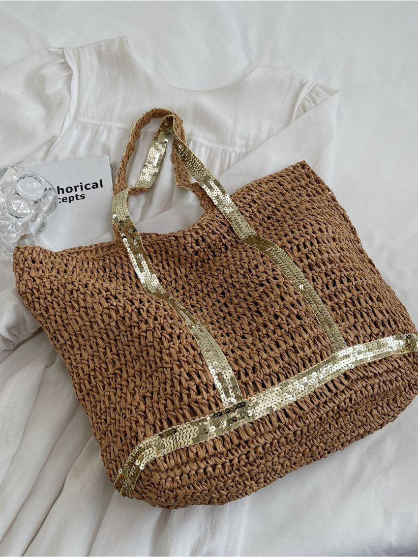 Sequin Decor Straw Bag