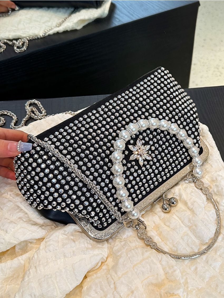 Rhinestone & Faux Pearl Decor Kiss Lock Chain Satchel Bag