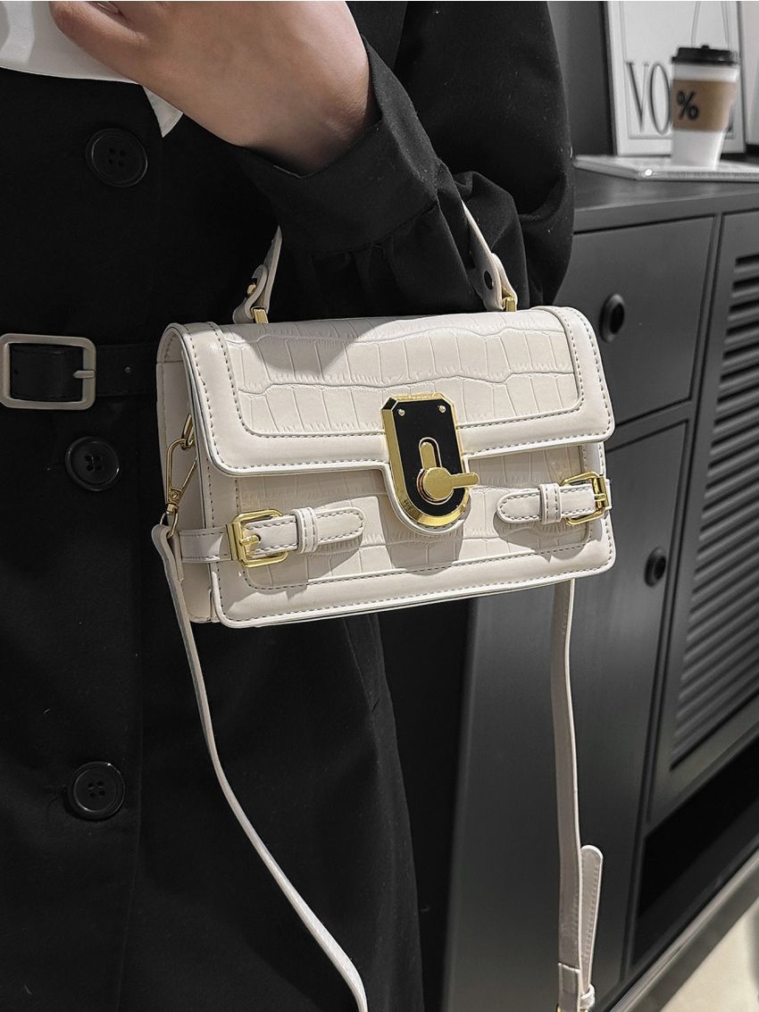 Mini Crocodile Embossed Buckle Decor Flap Square Bag